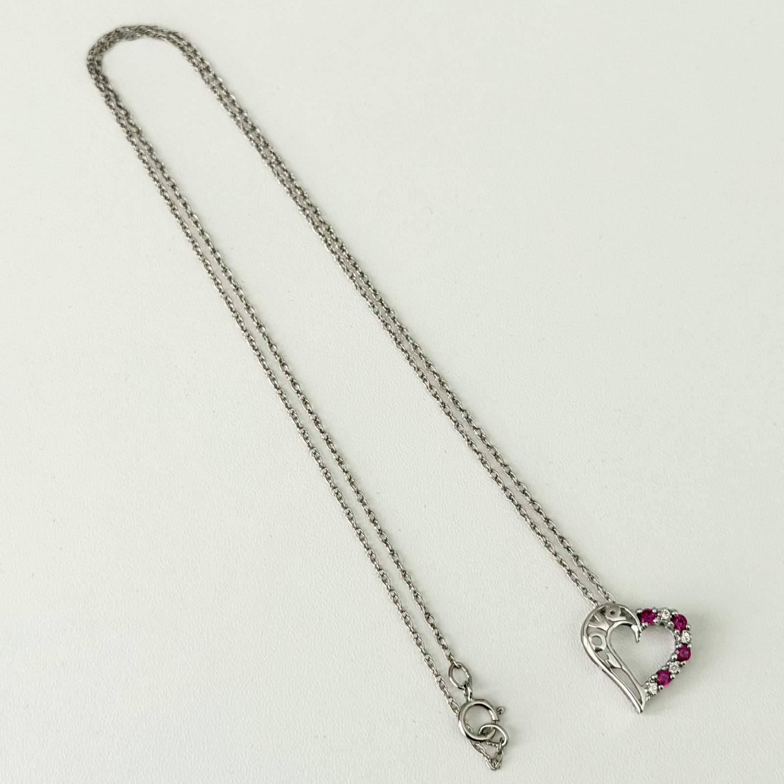 Lenox 925 Sterling Silver Vintage Ruby & CZ Open Heart Love Dainty Necklace 18″