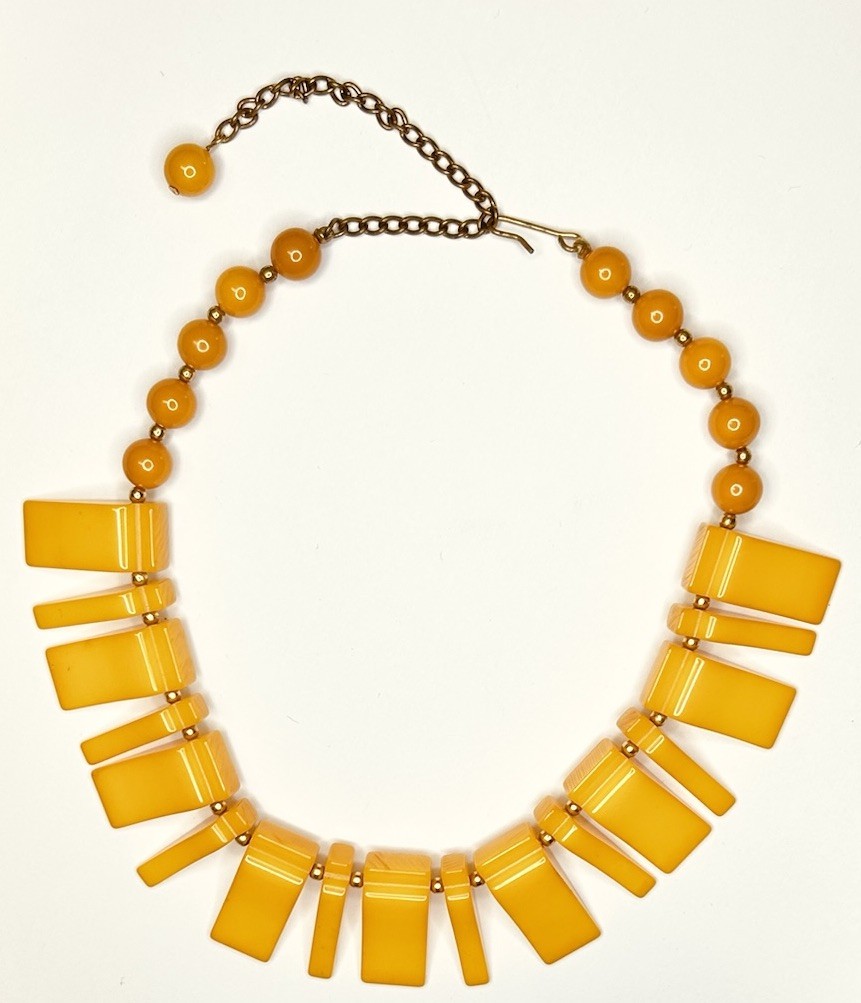 Vintage Butterscotch Yellow Bakelite Art Deco Geometric Panel Bib Necklace