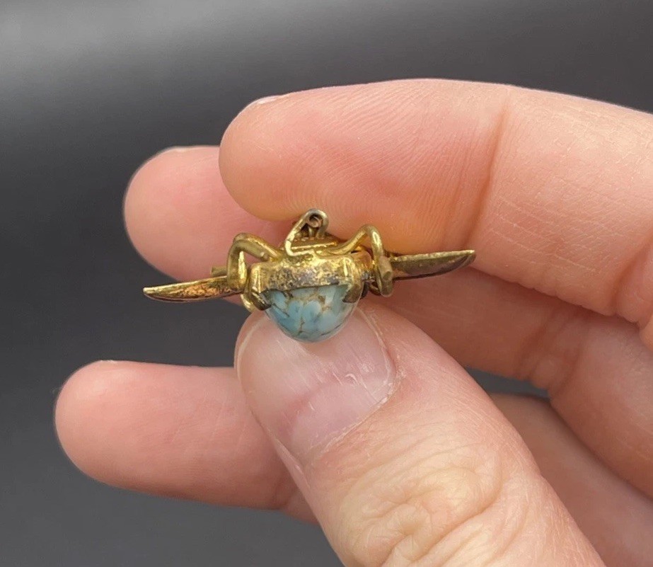 VTG Czech Insect Bee Fly Brooch Brass W Glass Belly. Signed Czecho. As Is.