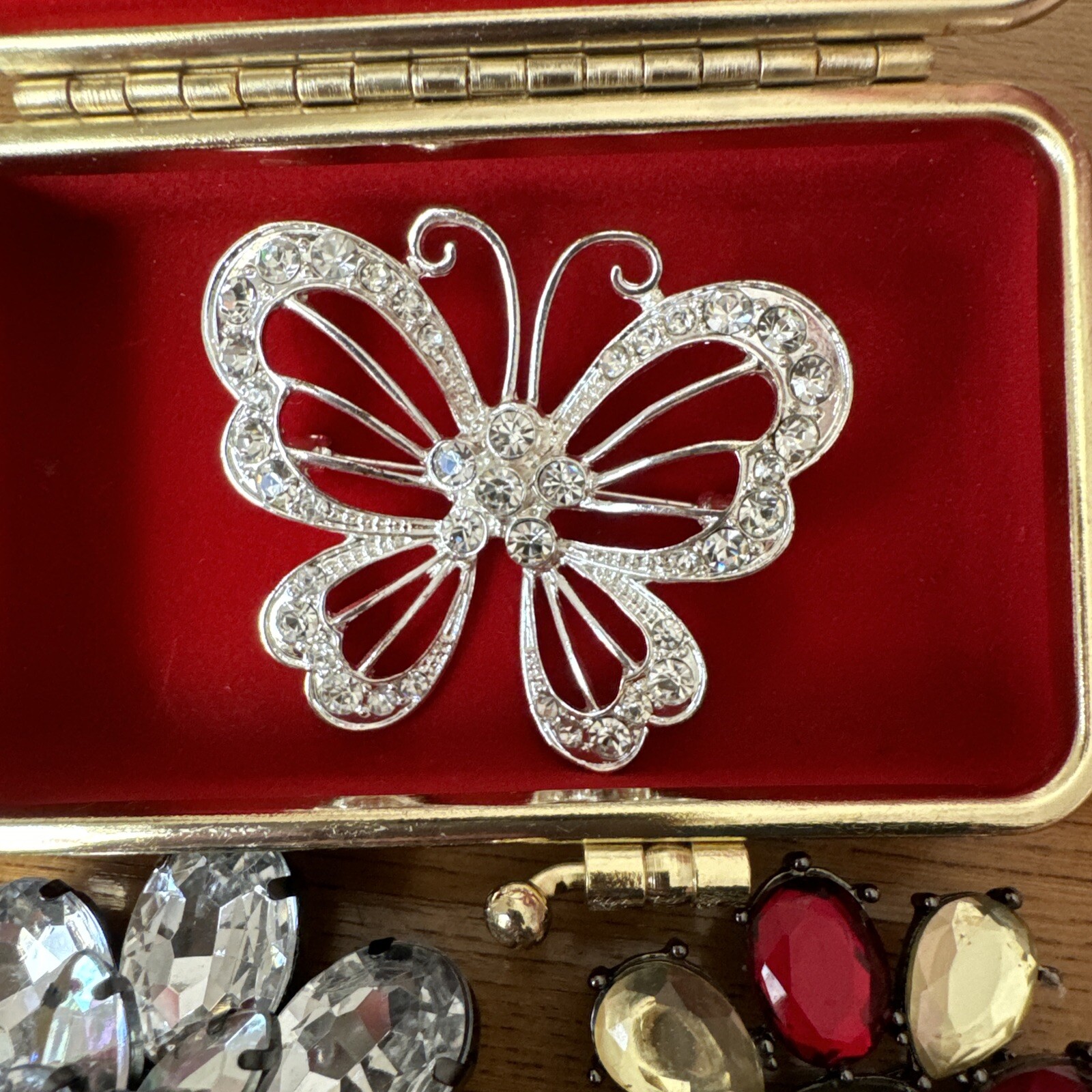 3 PIECE SPARKLING FLOWERS/Butterfly BROOCH LOT And Small Case See Pictures