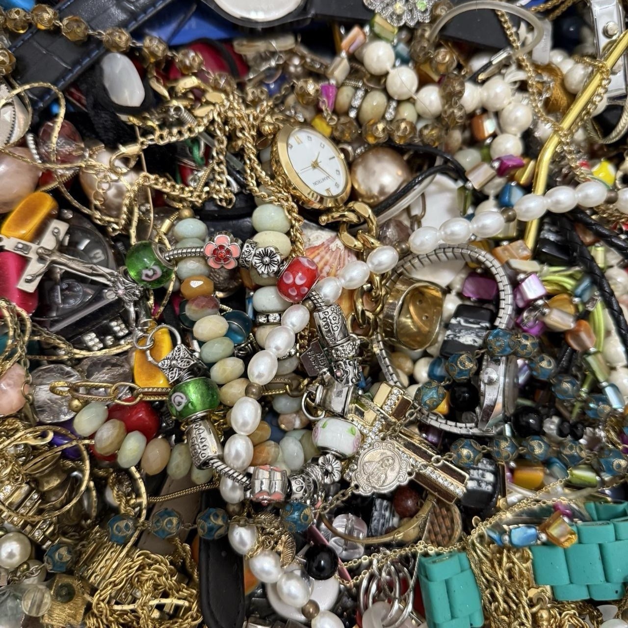 Vintage Jewelry Lot 1lb Mixed Watches Charms Necklaces Craft Resell Mystery Mix