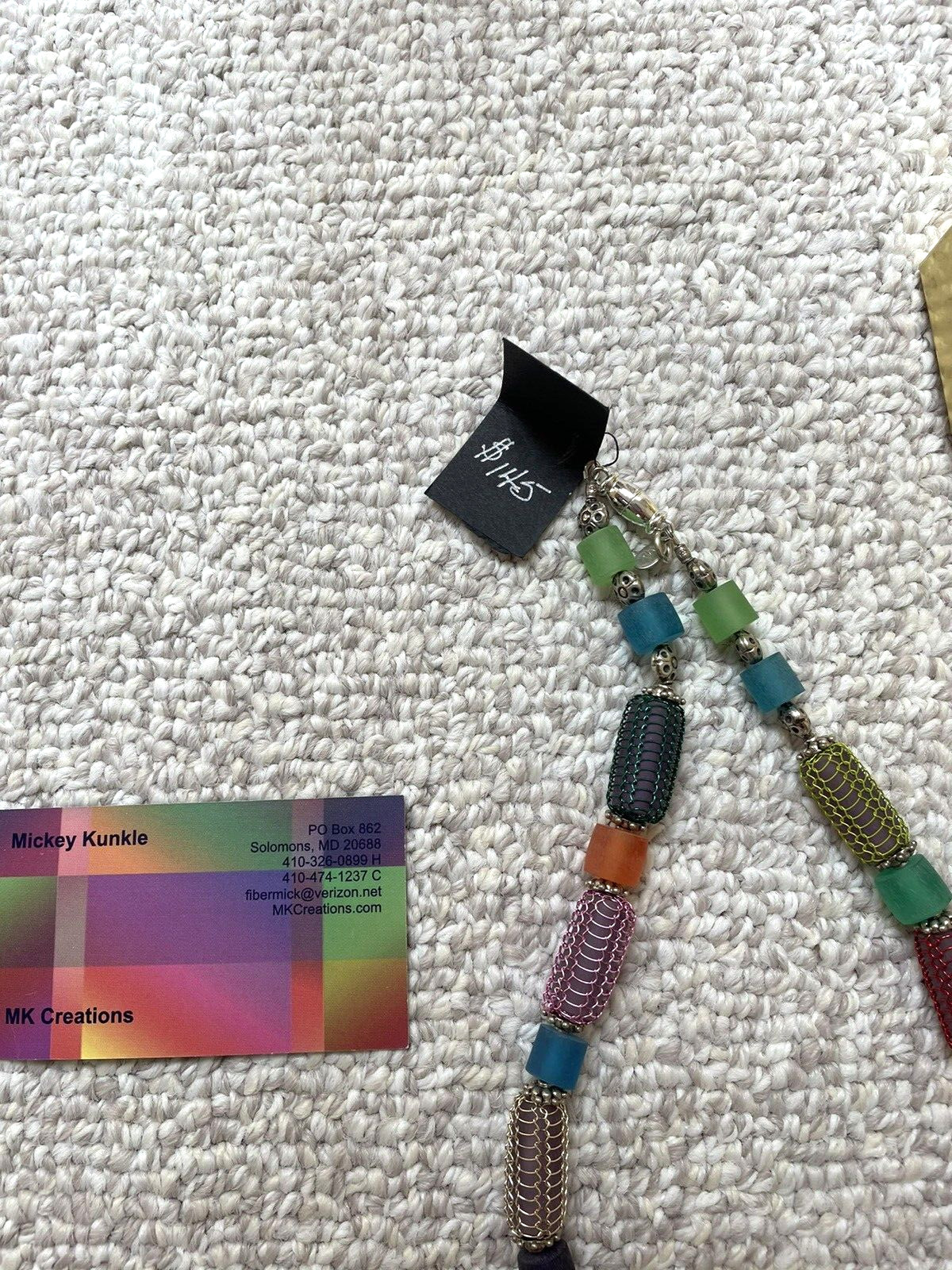 Vintage signed Artisan MK Micky Krunkle Caged Art Glass Beaded 19″ Necklace