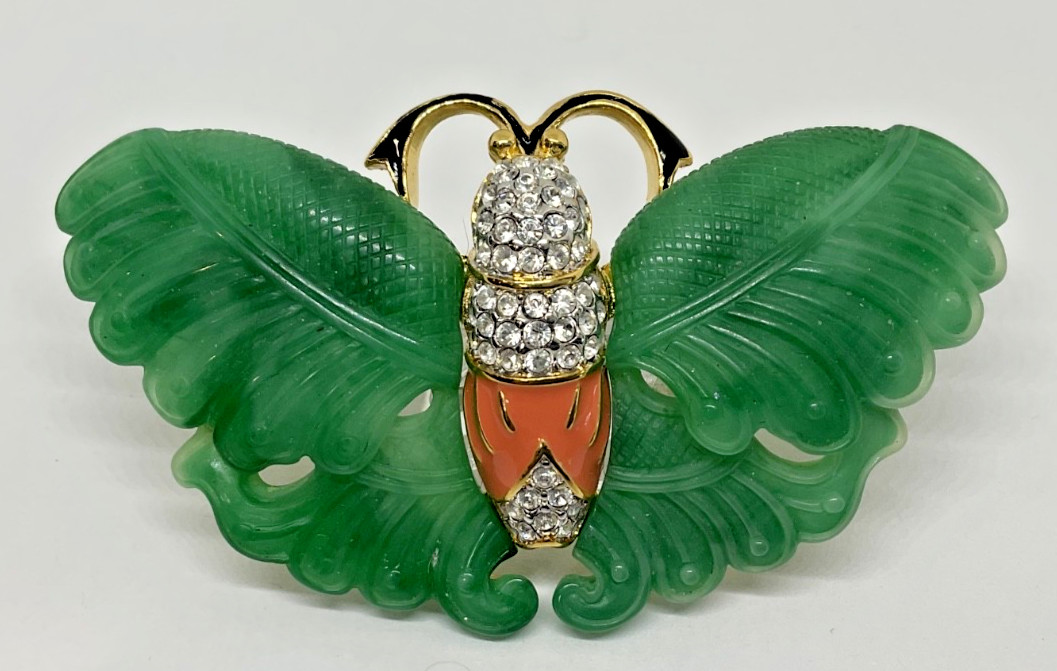 Vintage Signed Kenneth Jay Lane KJL Faux Carved Jade Butterfly Brooch Pin