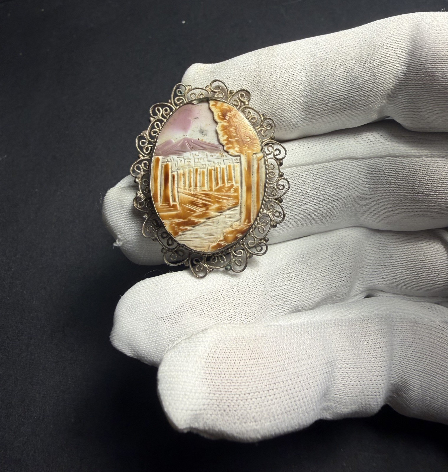 Antique Scenic Landscape Cameo Brooch Pendant Carved Shell