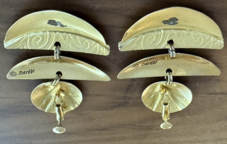 Edgar Berebi Enamel Dangle Earrings – Sculptural Modernist Gold Tone Vintage