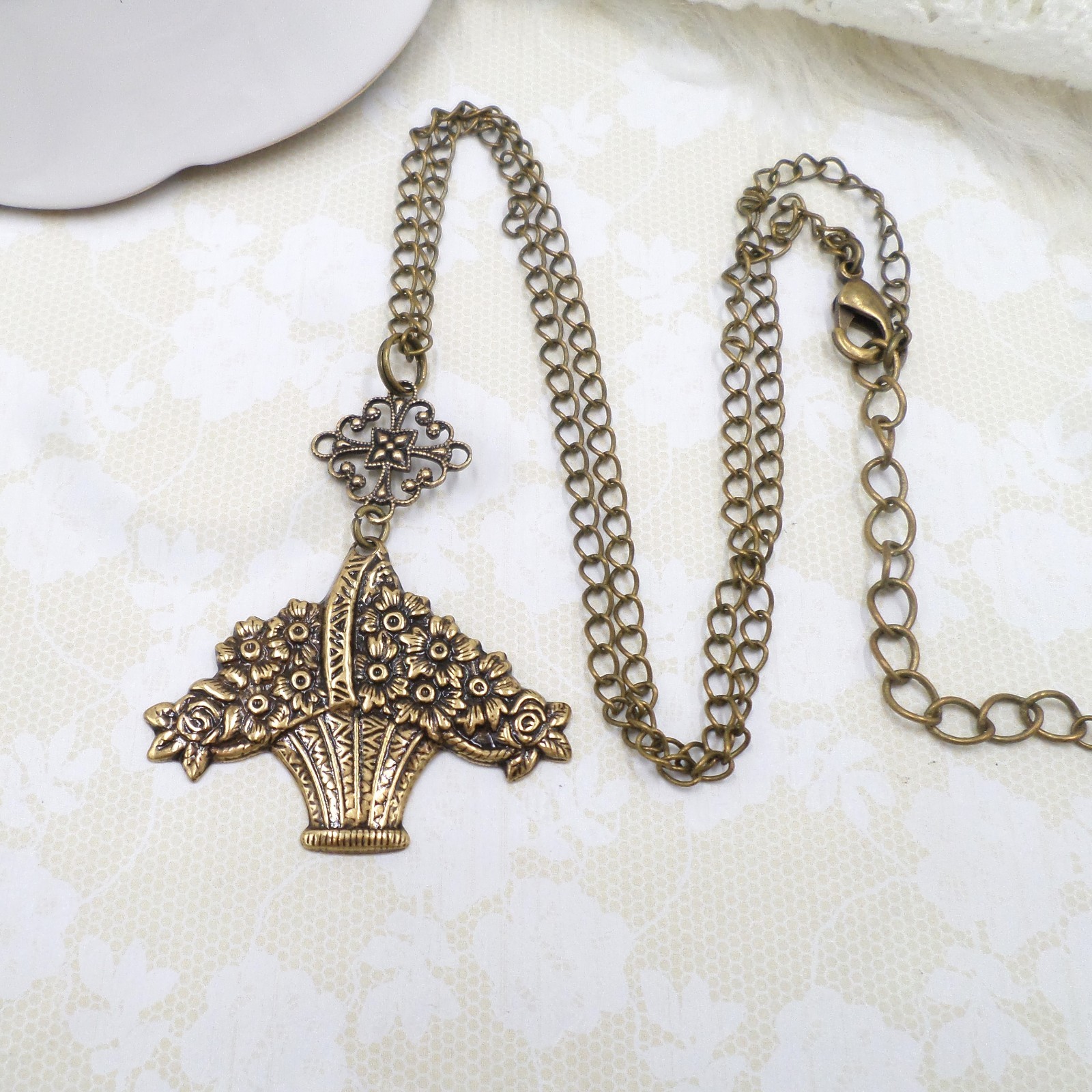 Flower Basket Necklace Antique Brass Handmade Floral Pendant Victorian Style