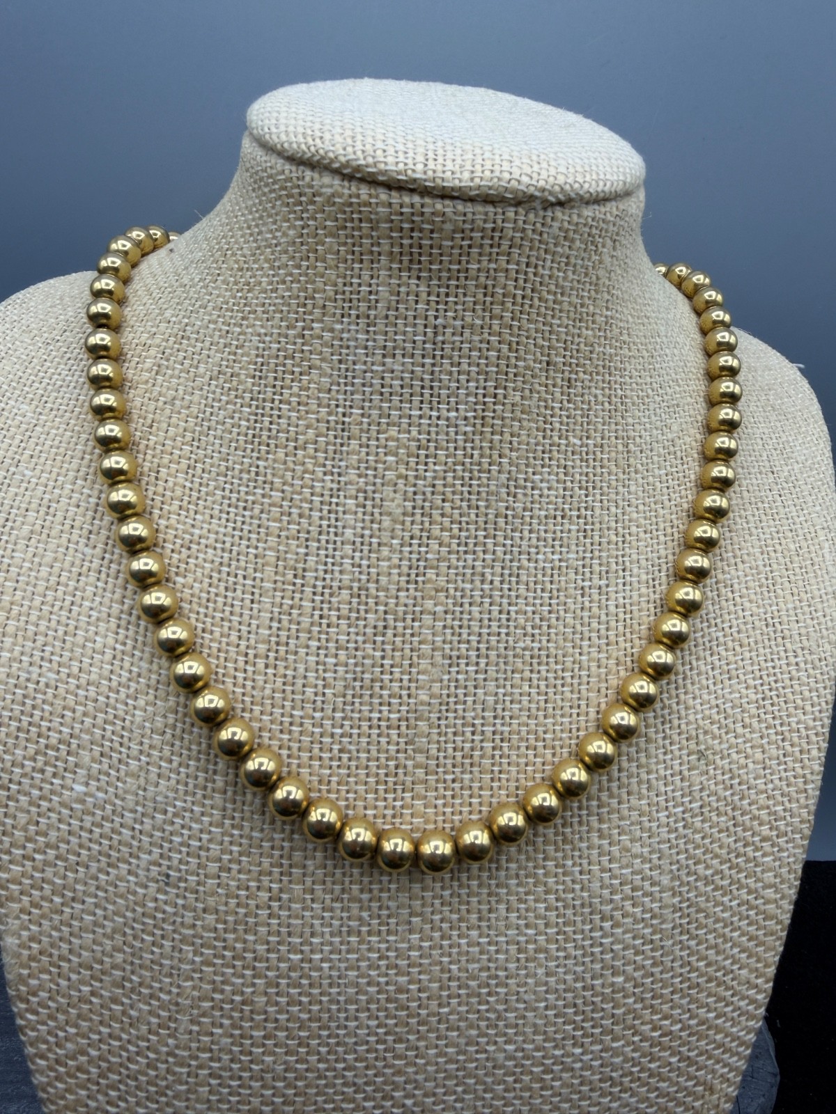 12K Yellow Gold Filled Ball Bead Necklace, 16″ 6mm Beads Signed B.B. Mid century