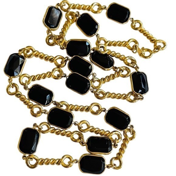 VTG Regal gold link necklace black open bezel Chicklet statement runway 90s 30″