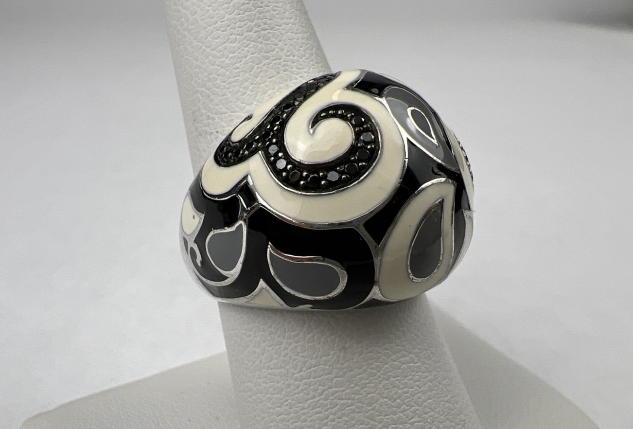Belle Etoile Sterling Silver Black & White Enamel CZ Statement Ring Size 7.75