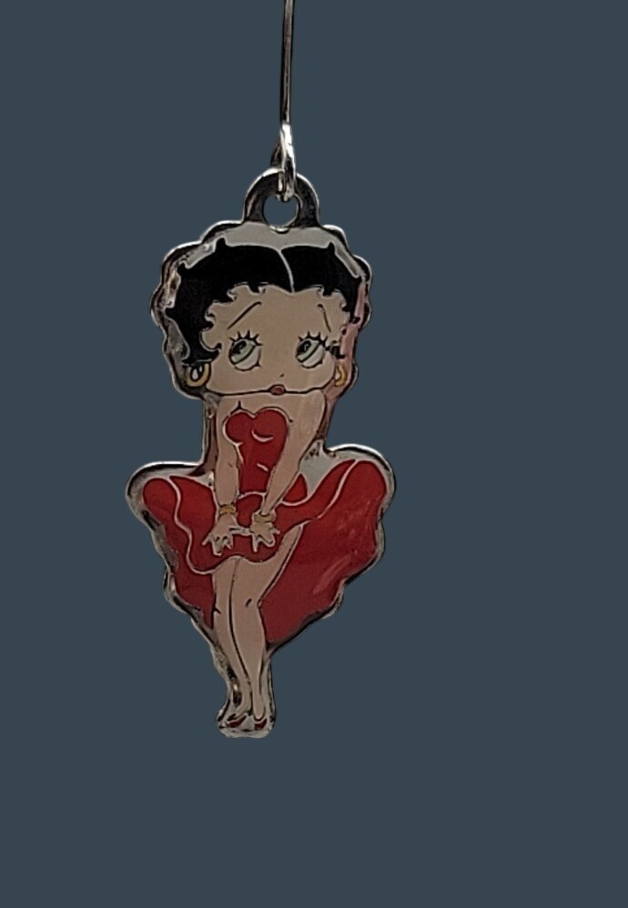 Vintage Betty Boop Red Dress Dangling Hook Earrings KFS/FS Hearst Silver Tone 1″