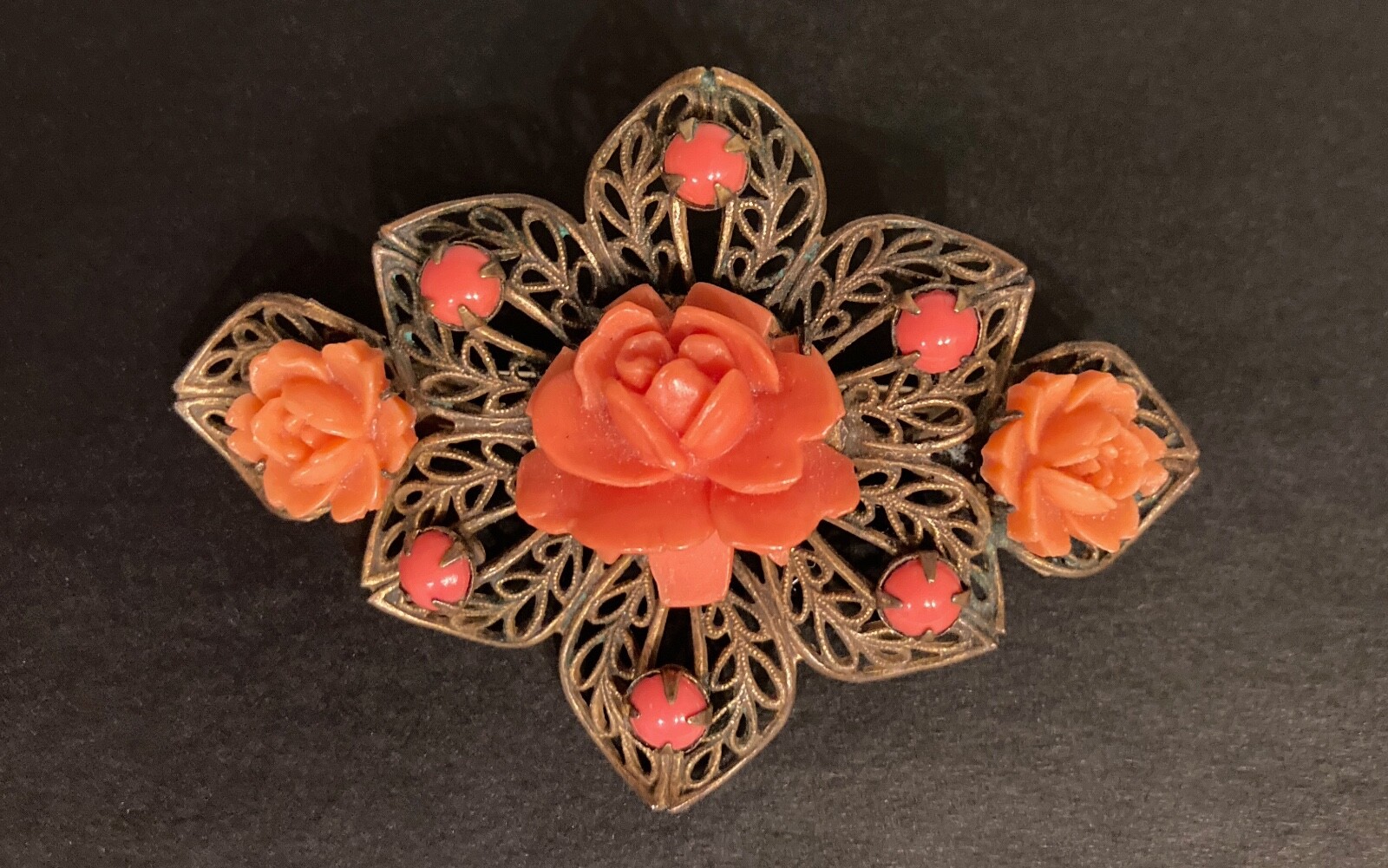 Vintage Rose Brooch Filigree Flower Floral Cut Out Prongs Leaf Peach Coral Pin