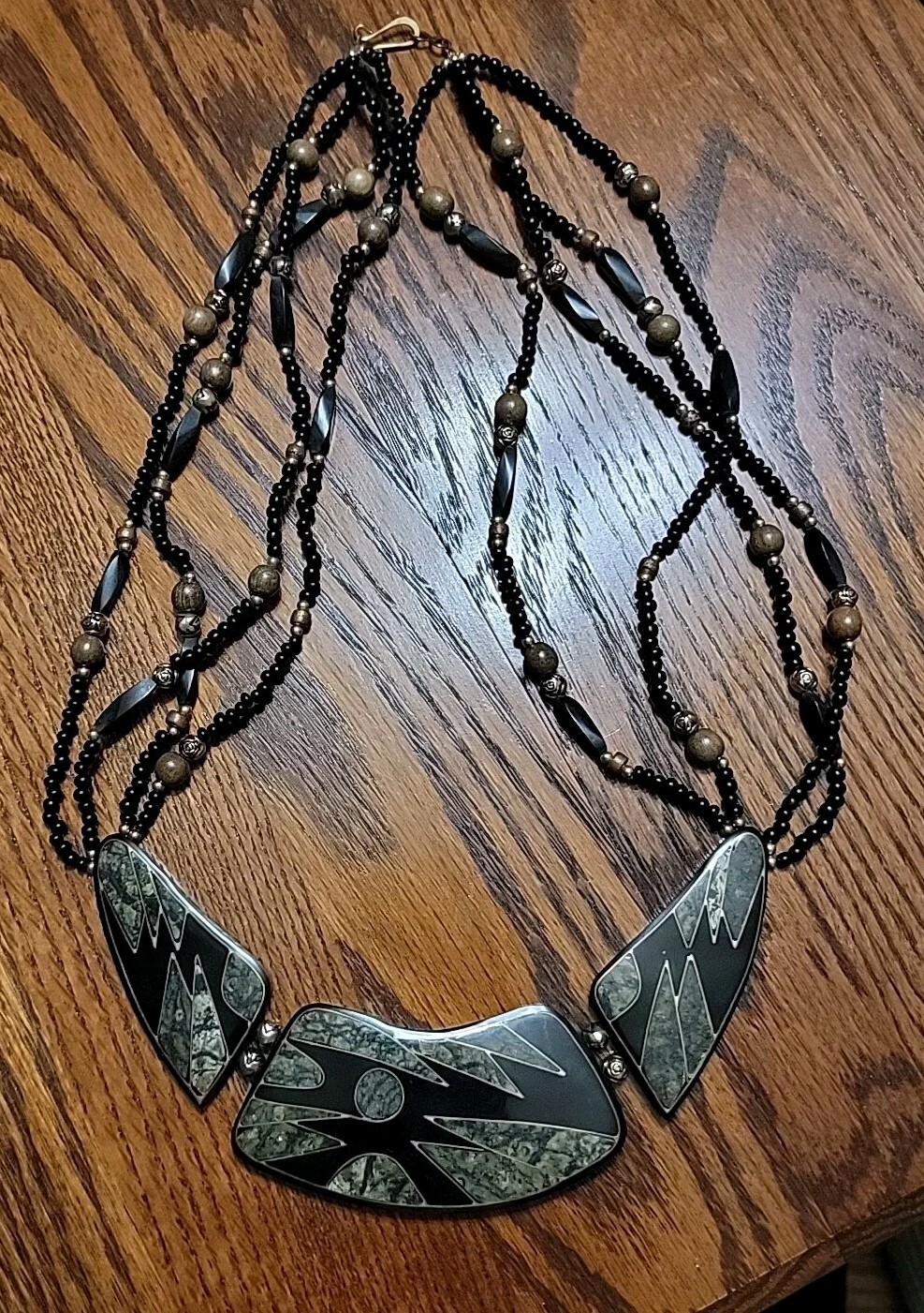 Tribal Geometric Inlay Necklace Stone Acrylic Beaded Art Deco Boho Bib 24 inches