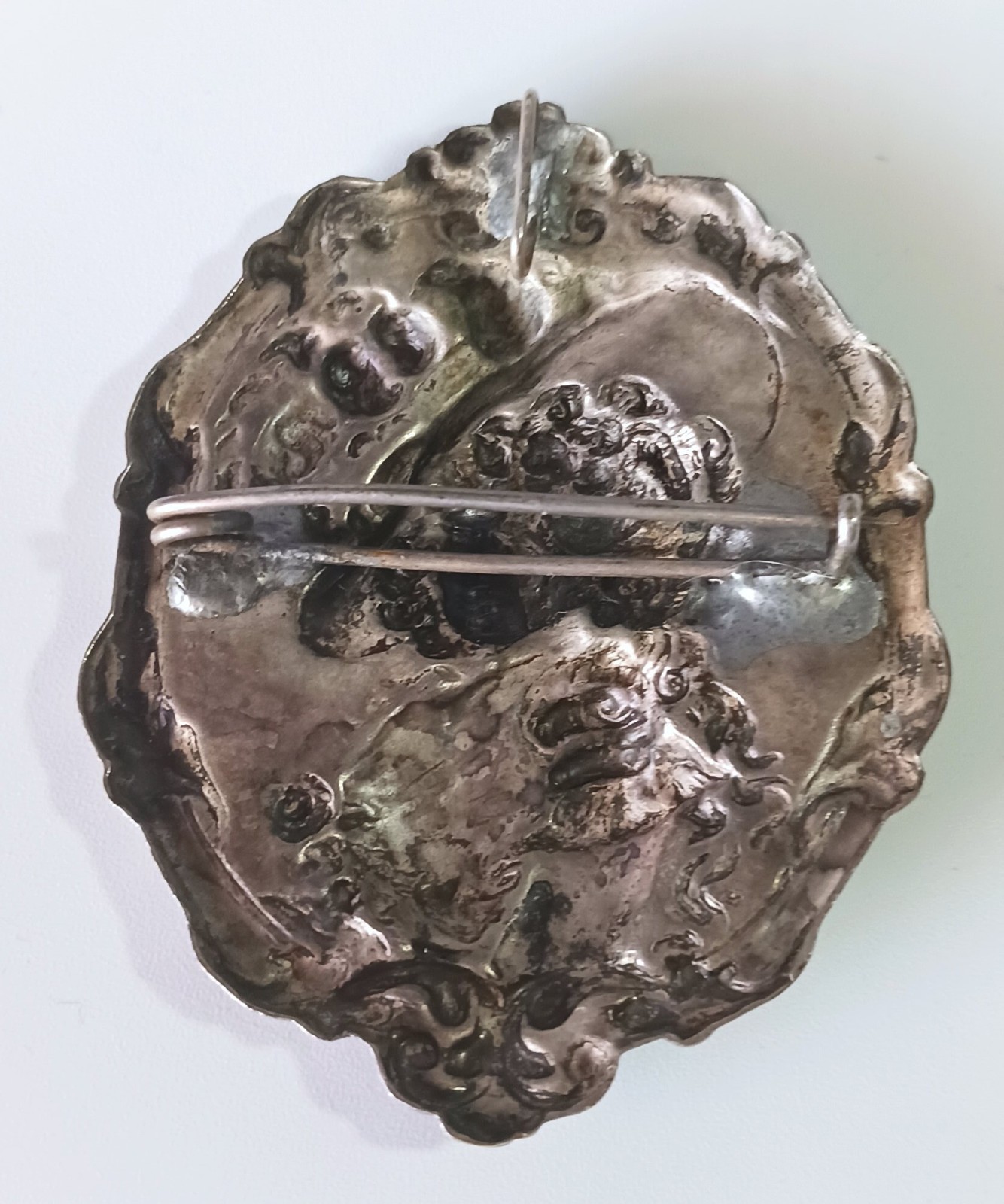 Antique Silver Art Nouveau Repousse Brooch Pendant: Fancy Lady in Large Hat