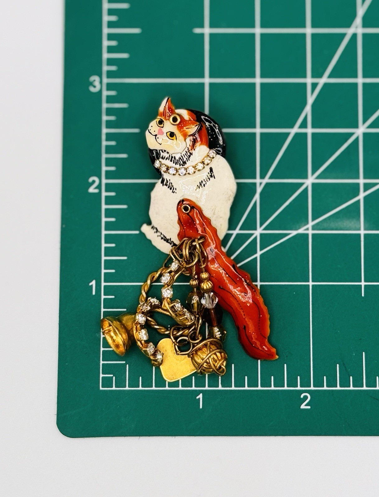 Vintage Lunch At The Ritz Cat Earrings Signed Moveable Rhinestone Bells Hearts