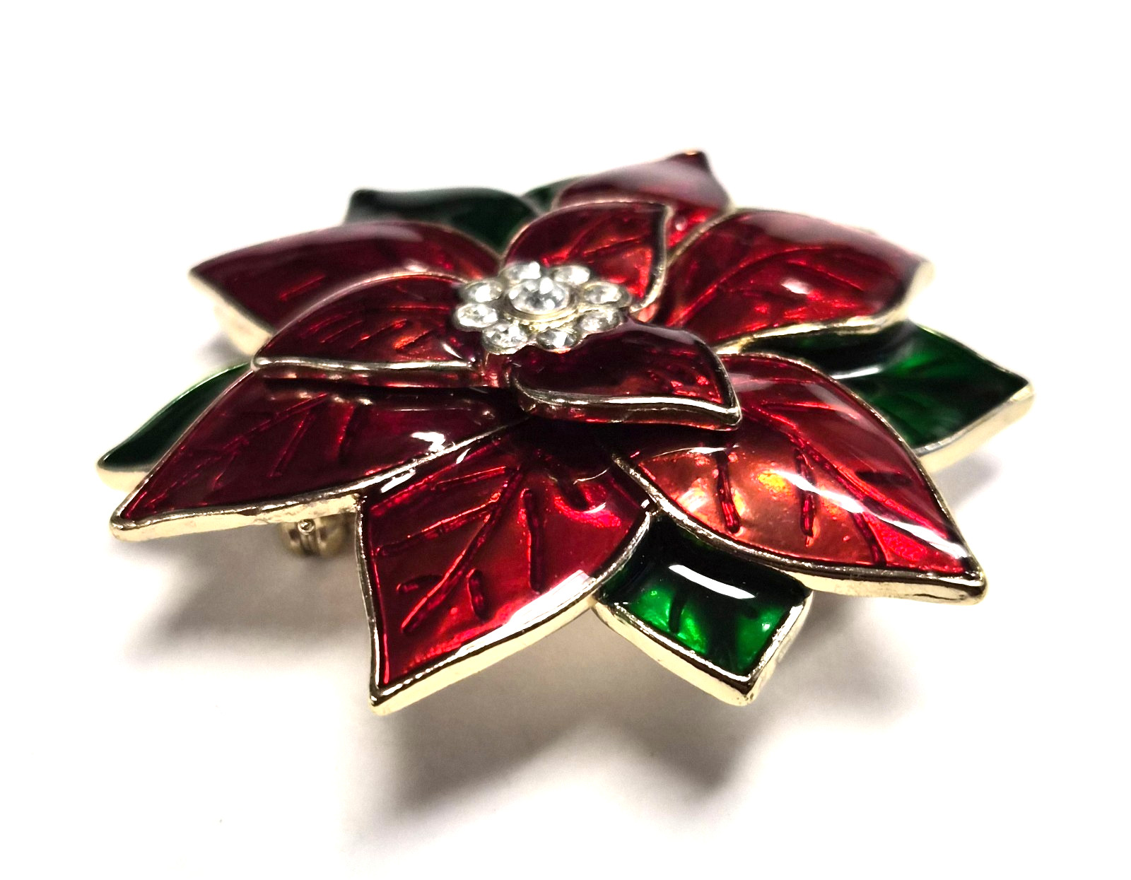 Vintage 90’s Festive Christmas Rhinestone Poinsettia Flower Pin / Brooch