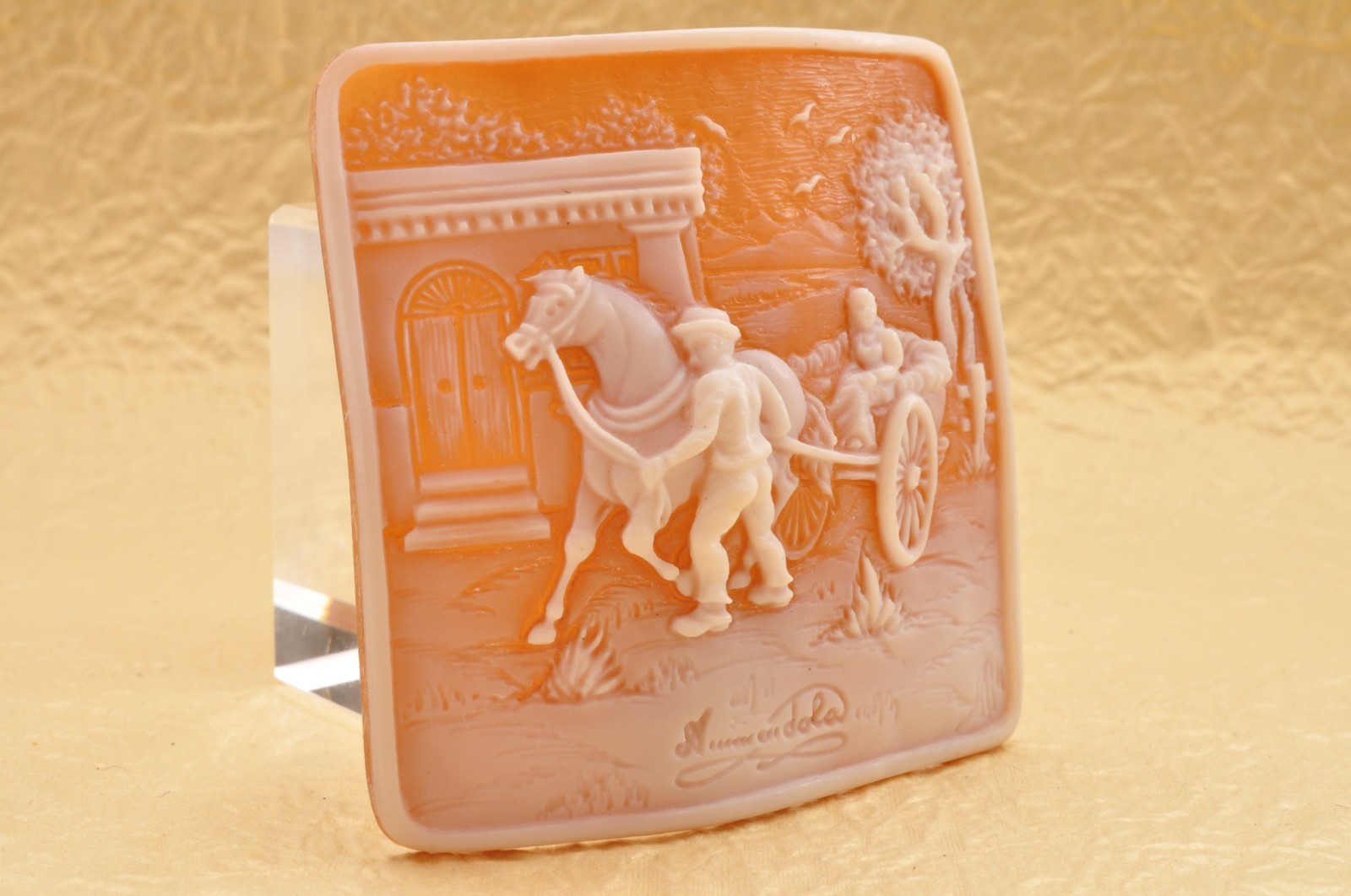 Vintage square shell cameo, carved “Women going out”, (74.5ct) sign by artist.
