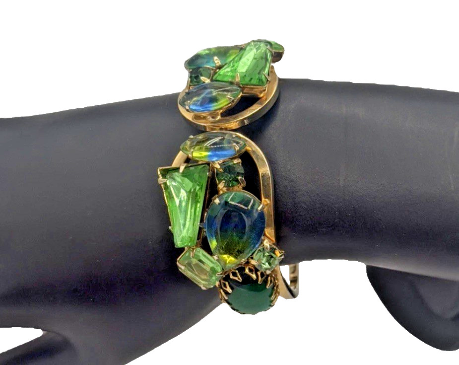 Vintage Gold Tone Bracelet w/ Blue & Green Stones • Bold Statement Jewelry