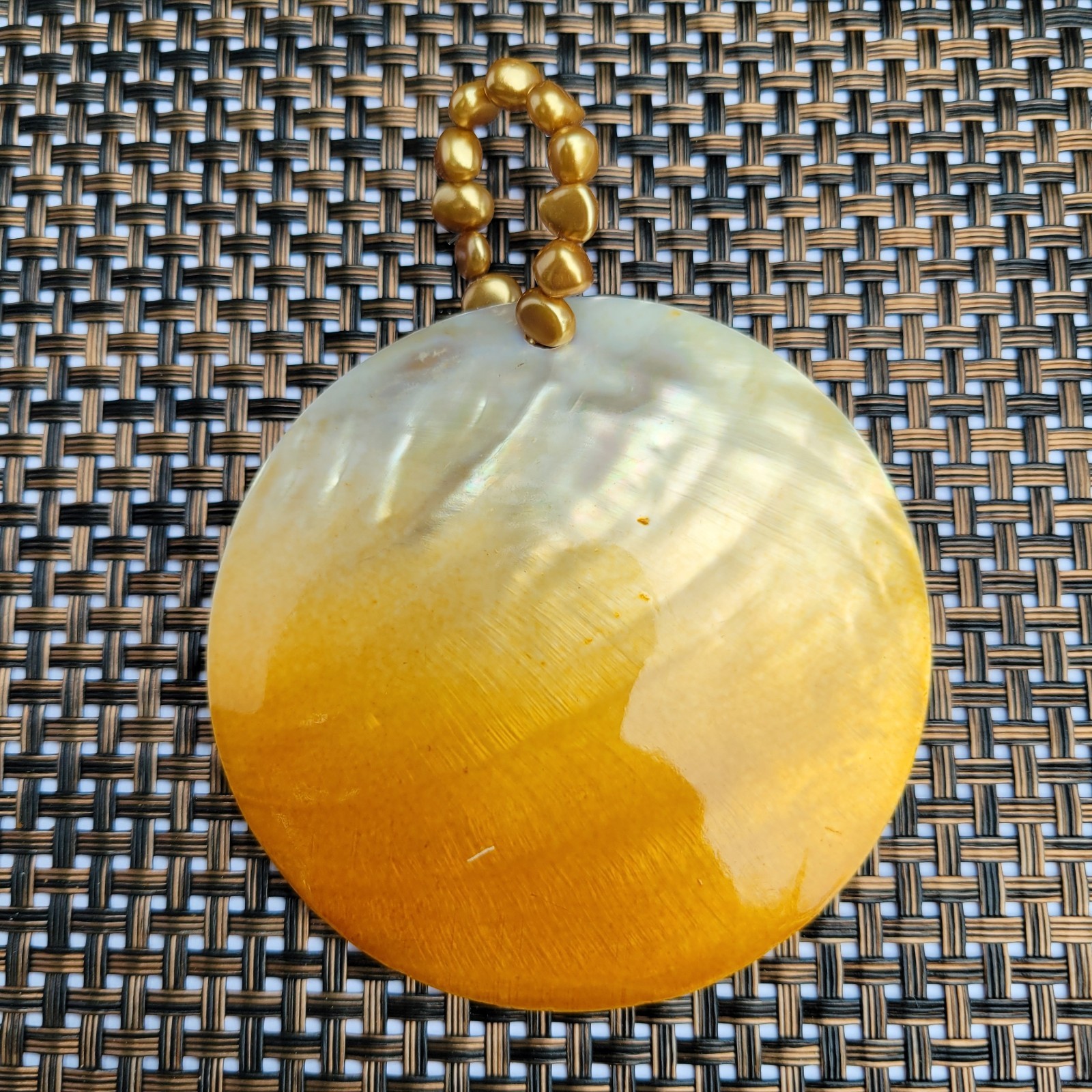 Vtg “Sunrise” Orange Mother Of Pearl w/ Faux Baroque Pearls Statement Pendant