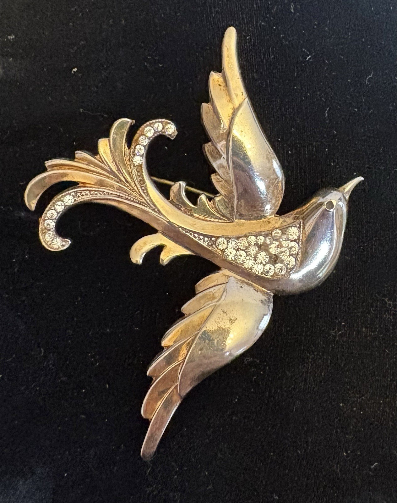 1940s Retro Vintage Sterling Gold Vermeil Rhinestone Bird Brooch 30g READ