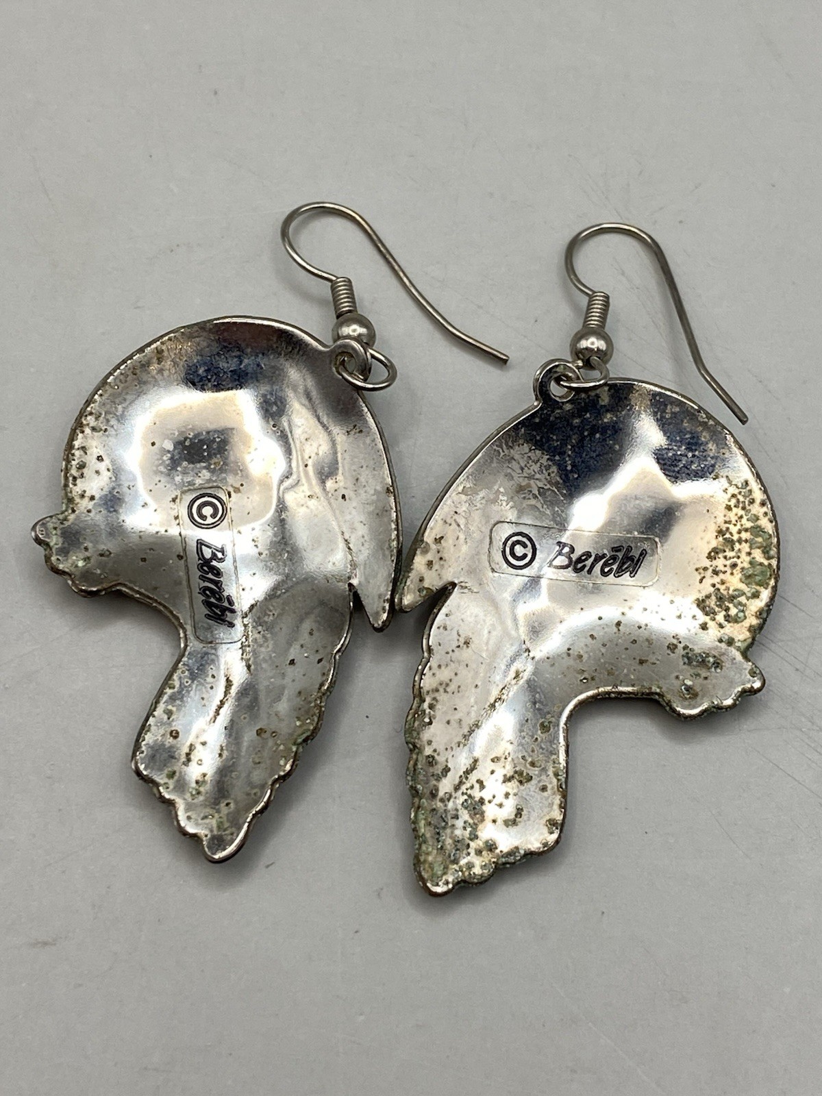 Vtg Edgar Berebi Silvertone Blue Green Enameled Toucan Dangle Pierced Earrings