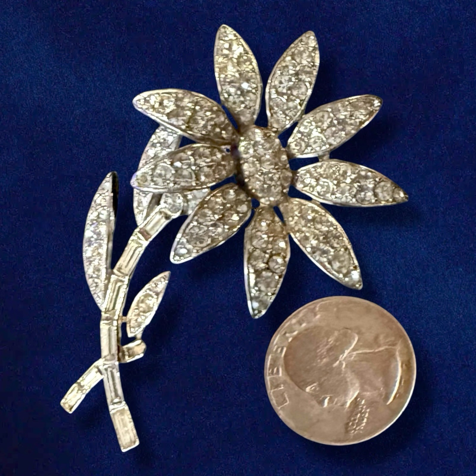 Rhinestone Flower Brooch Signed ORA Rhodium 1940s Large Vintage Pin 3 Inch