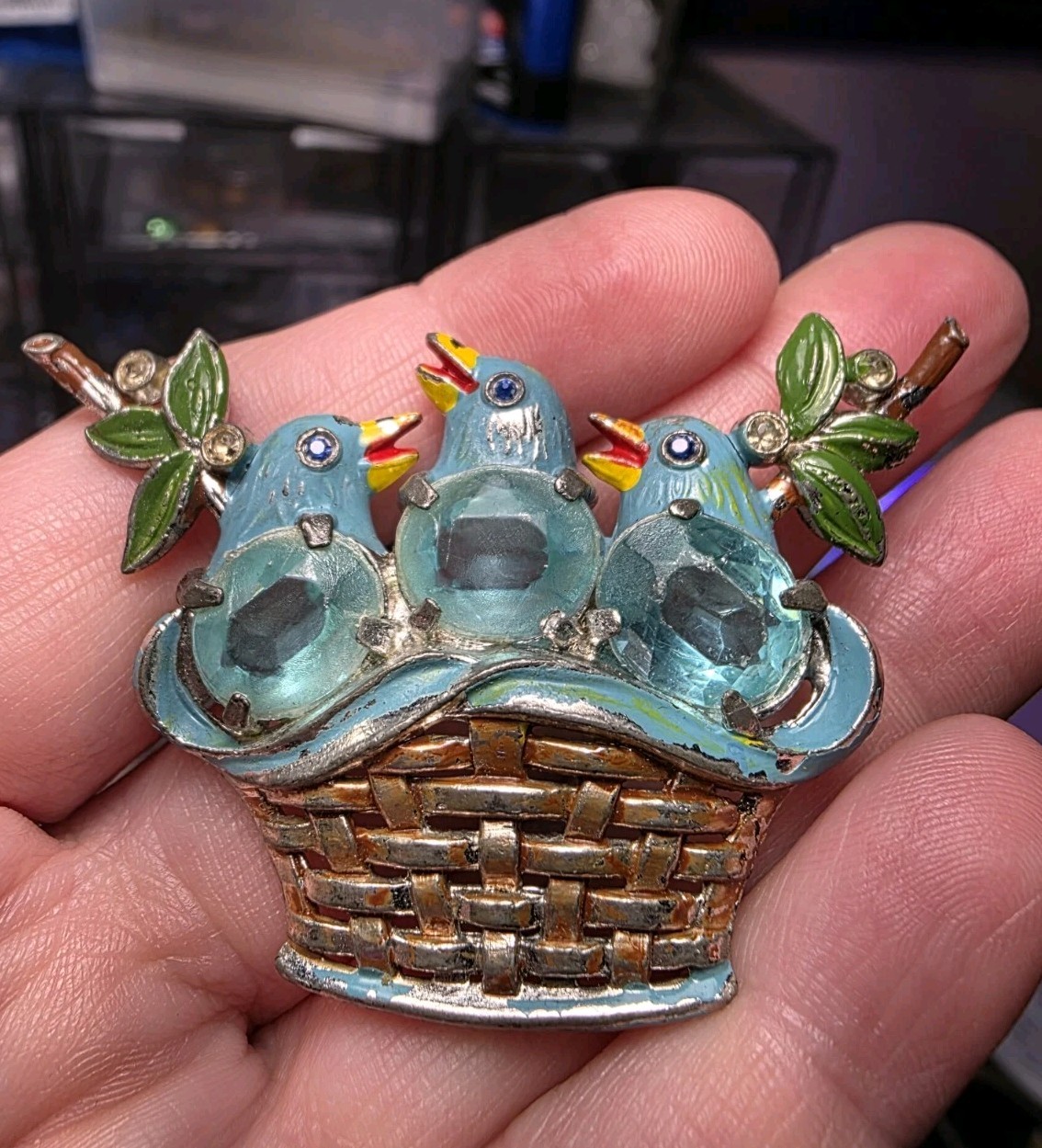 Enameled Three Birds in Basket Figural Vintage 1930’s Brooch