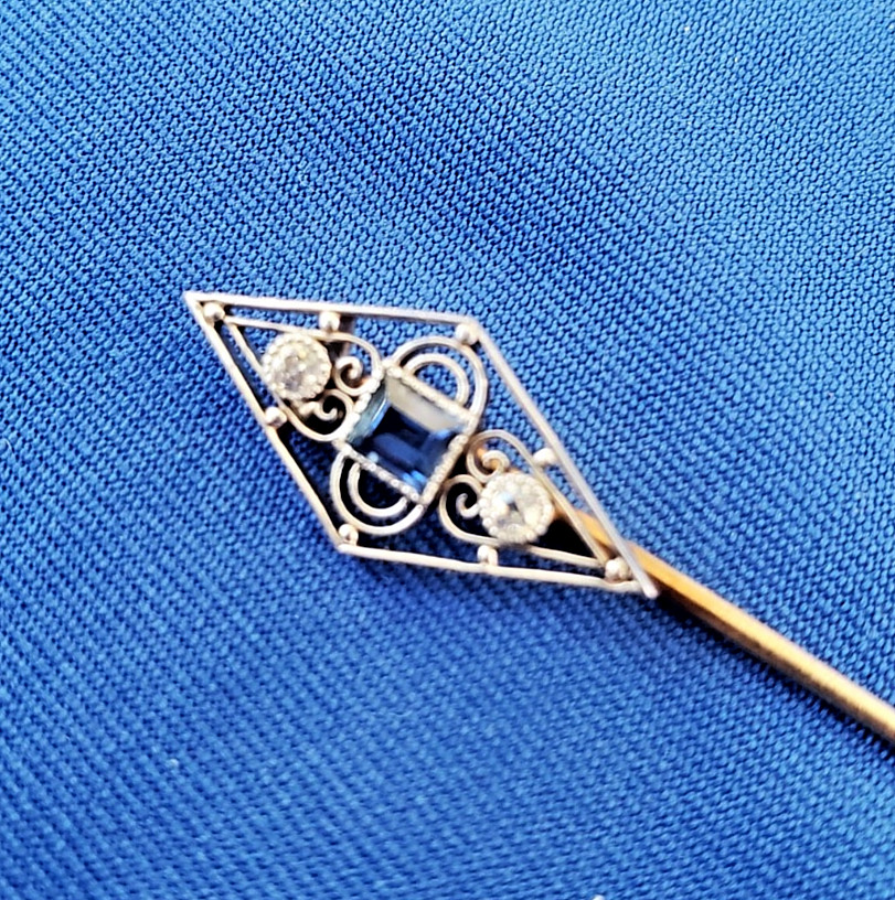 Original EARTH MINED Diamond Deco Pin 1920s Vintage Platinum Sapphire 14K GOLD