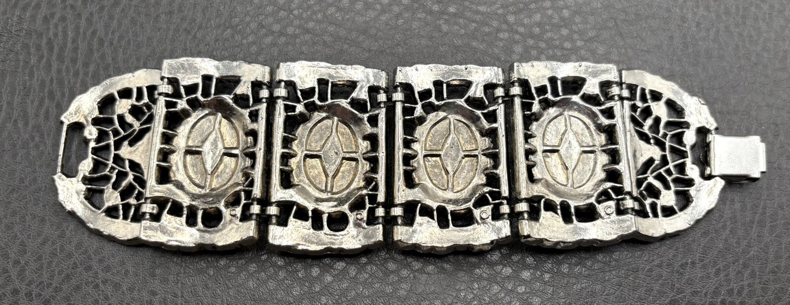VTG Wide Chunky Panel Bracelet Faux Turquoise Boho Silver Tone Filigree