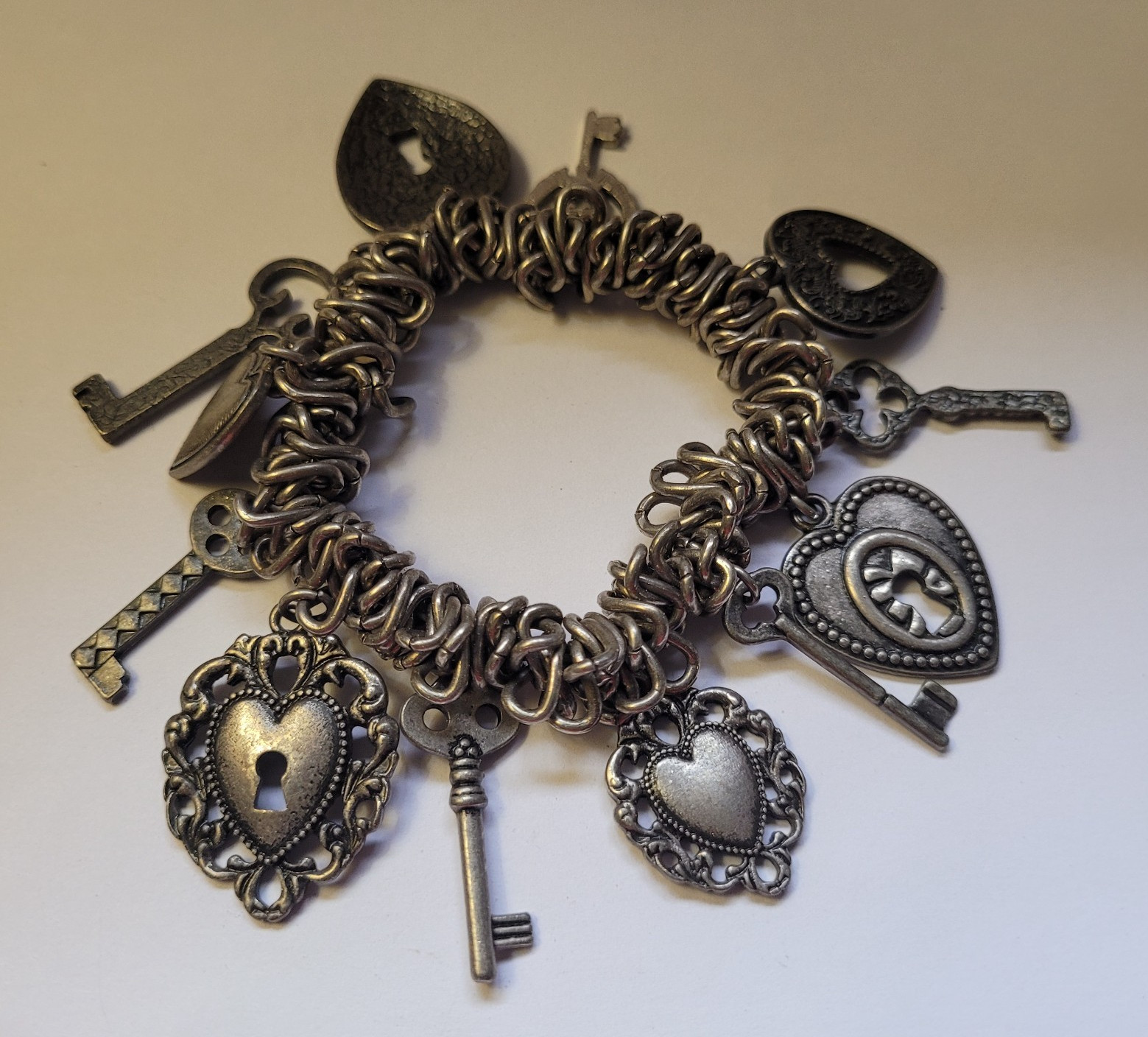 Vintage Charm Dangle Chain Bracelet Filigree Locks Skeleton Keys Hearts
