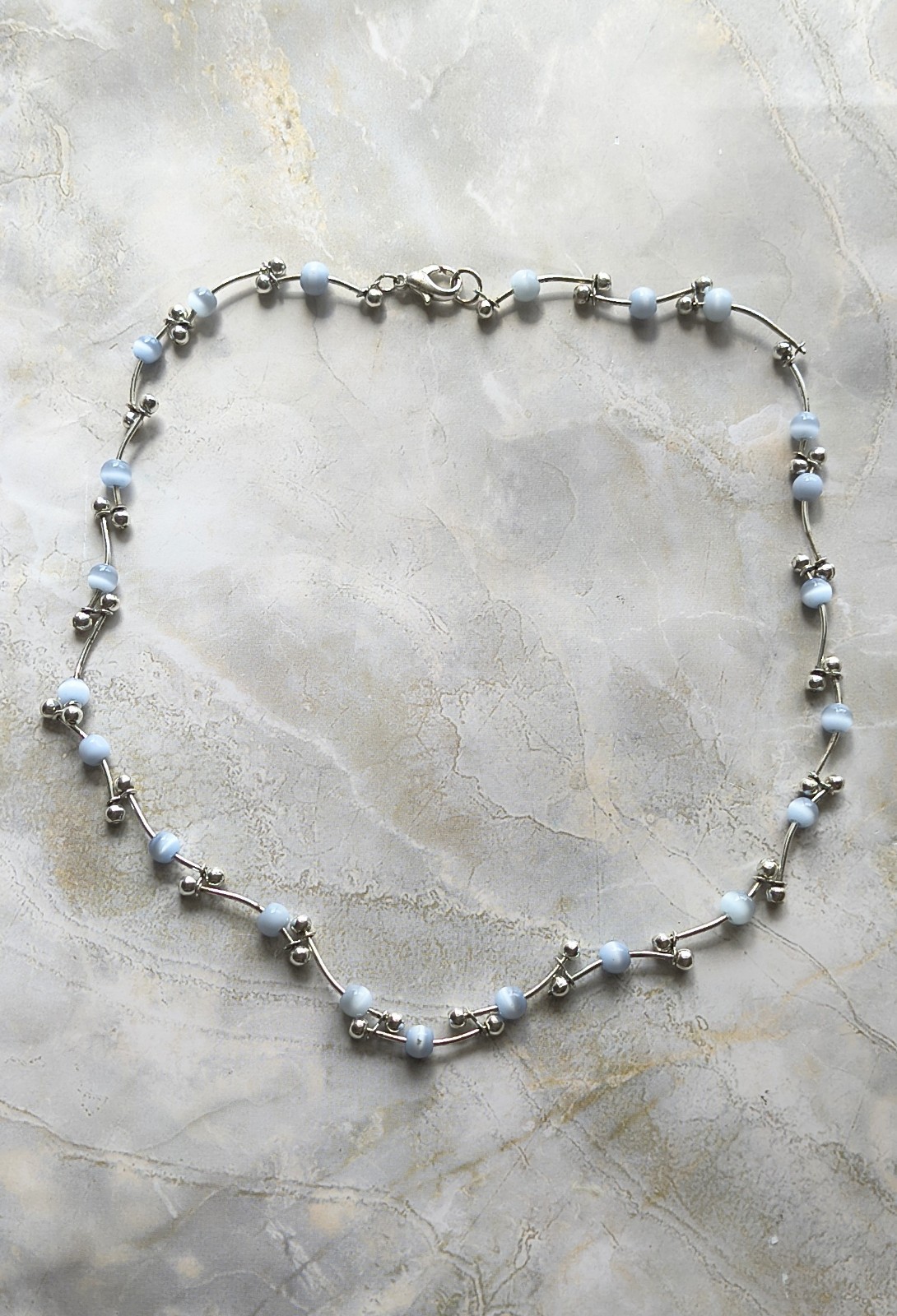Vintage Silver Tone Blue Moonglow Glass Bead Delicate Barbell Link Necklace