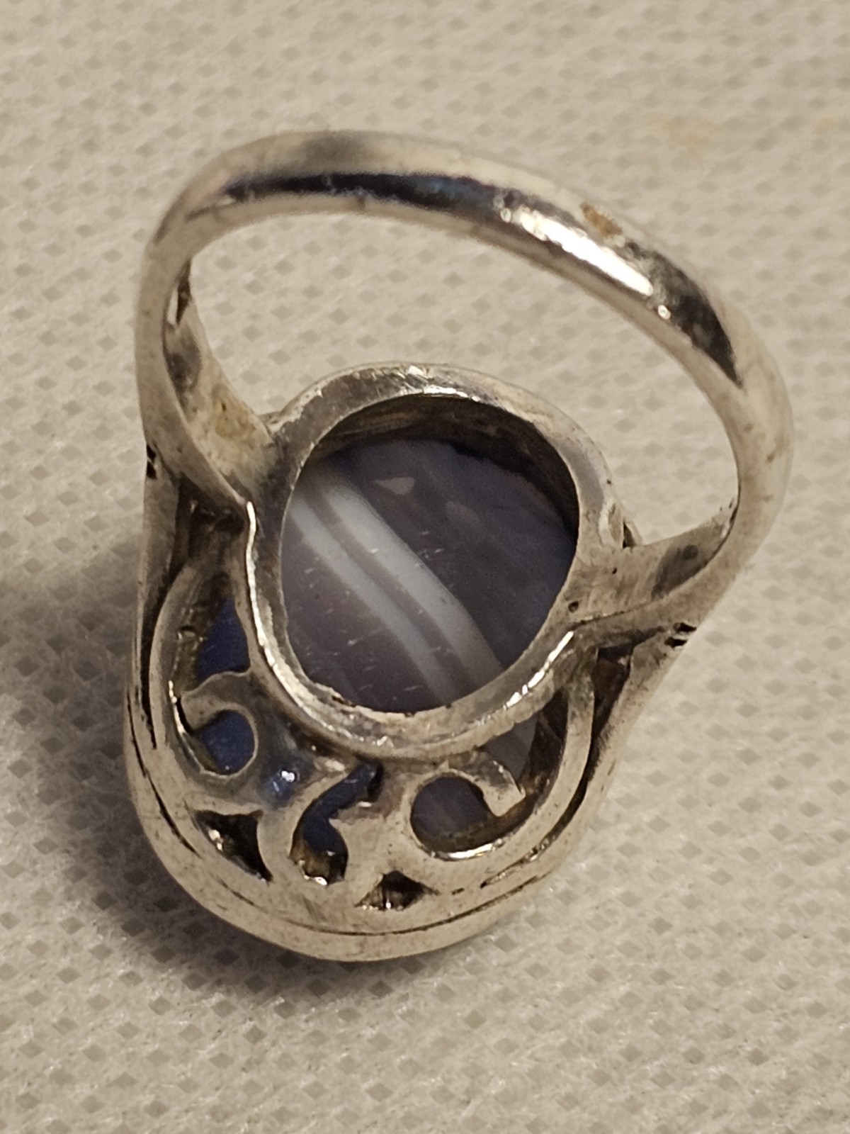 Vintage Sterling Silver Blue Striped Agate Stone Ring Size – US 7 -UK 0