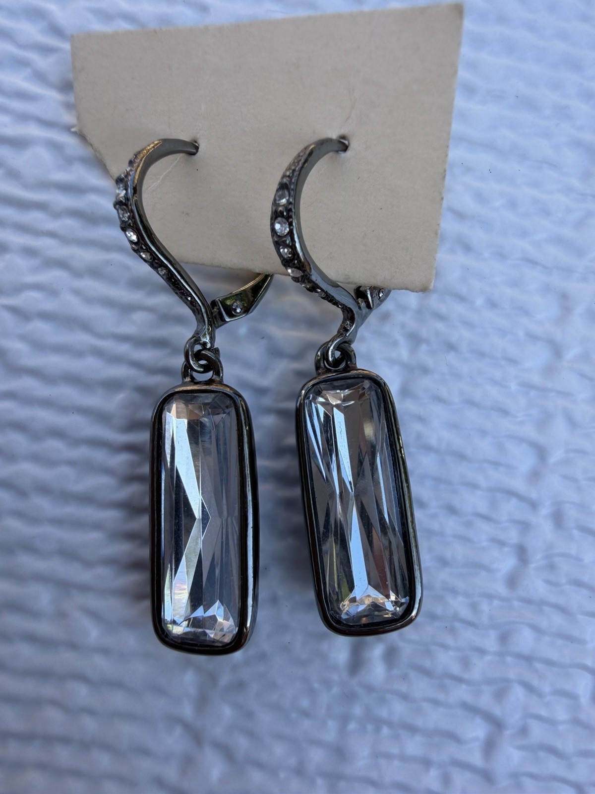 Vintage Givenchy Crystal Drop Earrings Gunmetal Signed Designer Logo