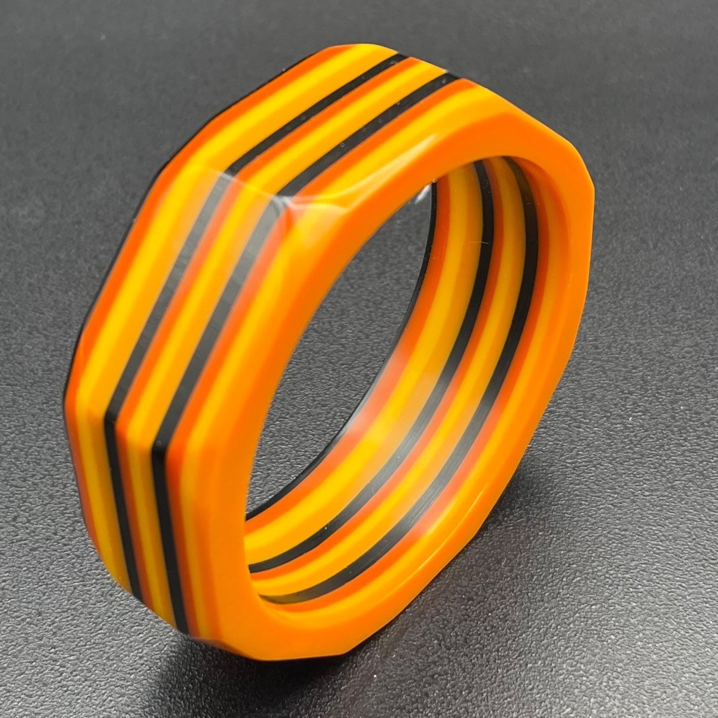 Vintage Laminated Lucite Octagonal Bangle Bracelet Orange Yellow Black Wide