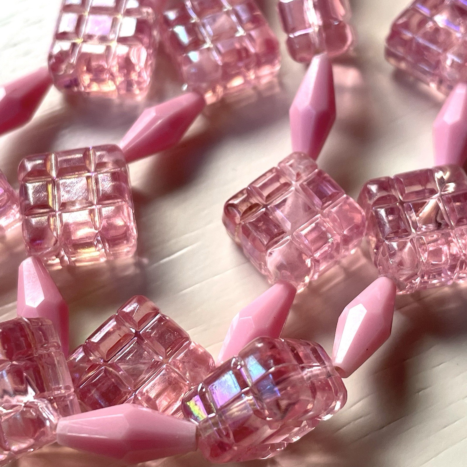 Vintage Austria pink acrylic/lucite double strand statement necklace quilted