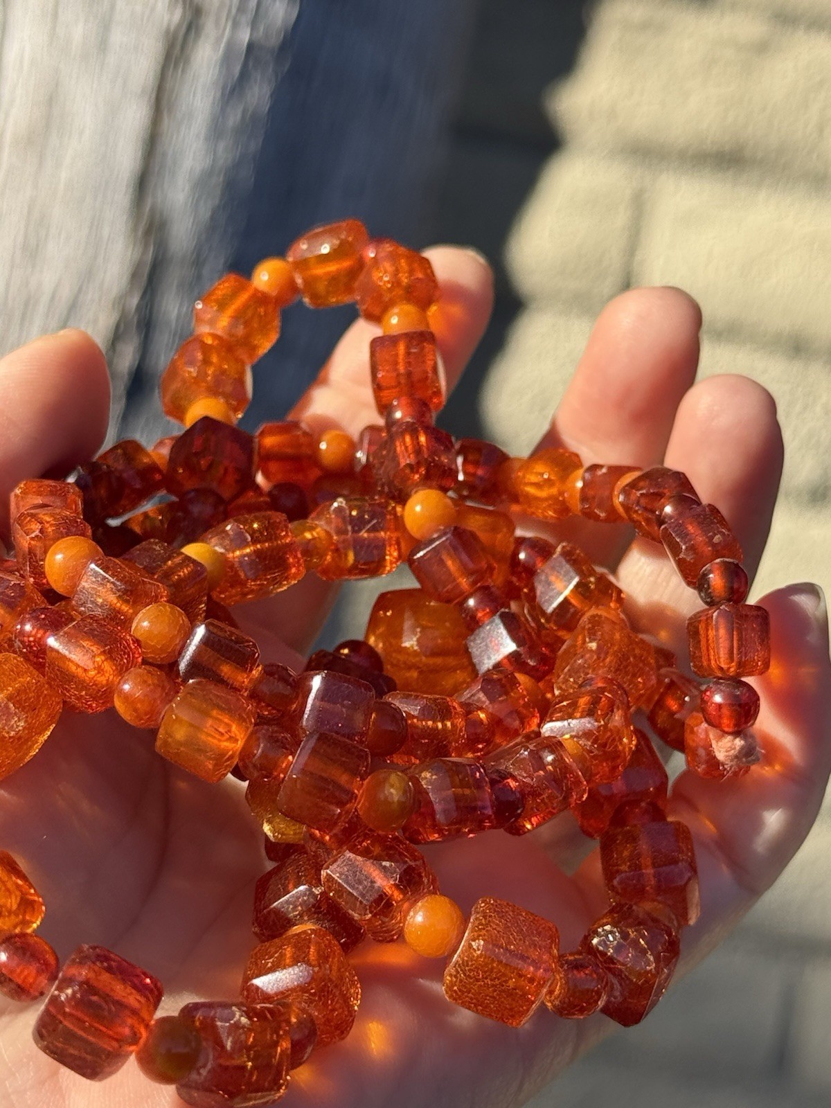 39” 47g Honey Amber Catalin Bakelite Graduated Cube Bead Necklace
