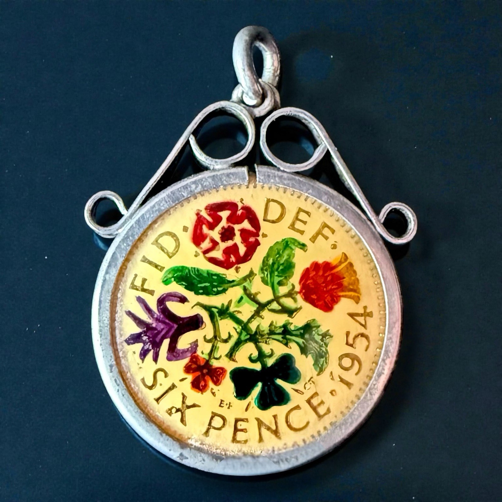 Lucky Sixpence Pendant British Coin Charm Queen Elizabeth II Vintage 1954