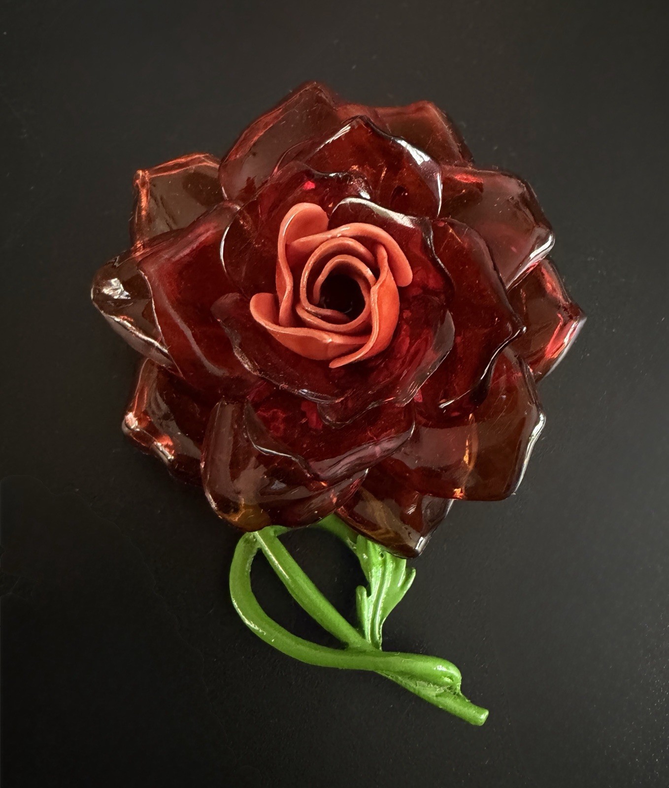 Vtg Coral Cellulose Acetate Rose Flower Brooch Enamel Green Stem 3D Translucent