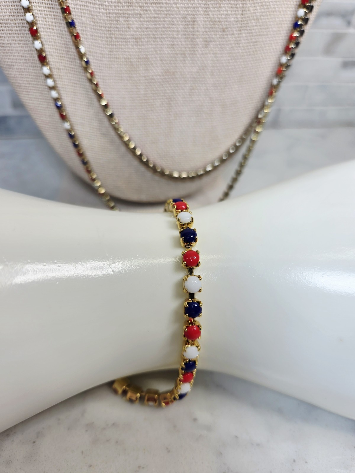 Vintage Red White & Blue Patriotic Jewelry Set Brooch Necklace & Bracelet