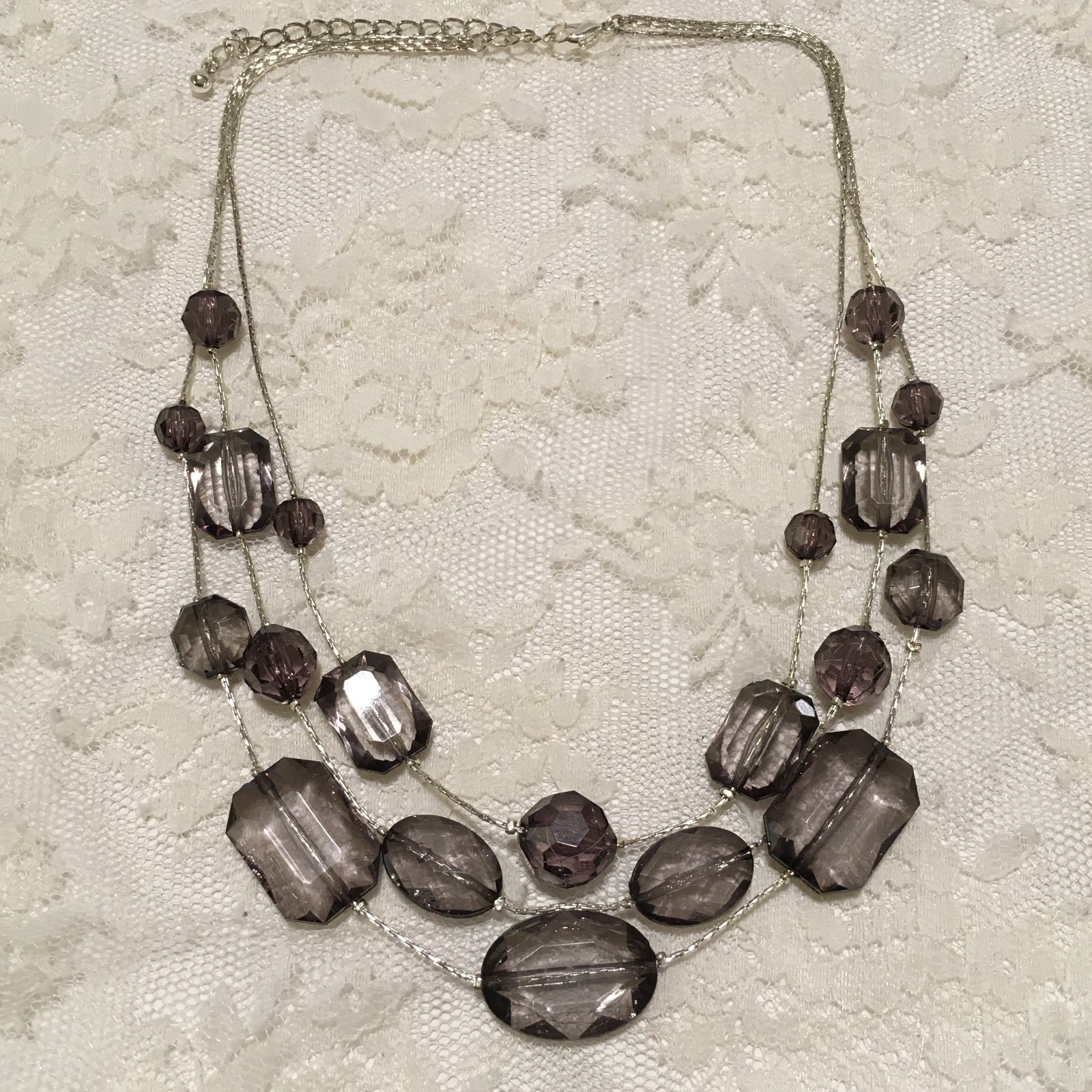 Vintage Silver Tone Smokey Purple Gray Bead 3 Strand Necklace Layered Statement
