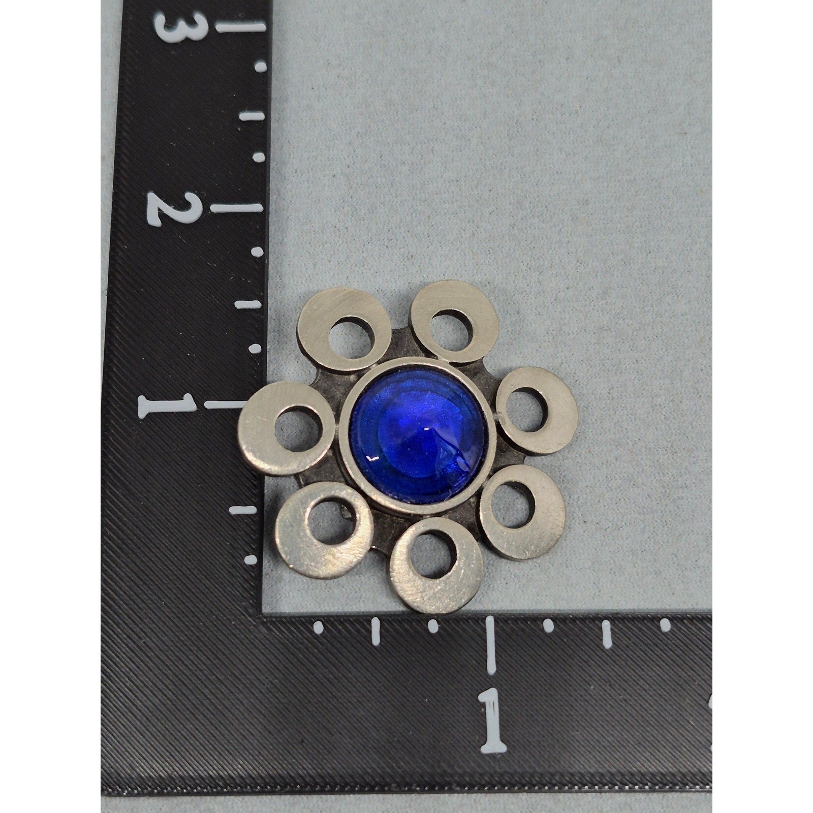 Vintage Rune Tennesmed Sweden Brooch Blue Glass Cabochon Pewter Flower Pin