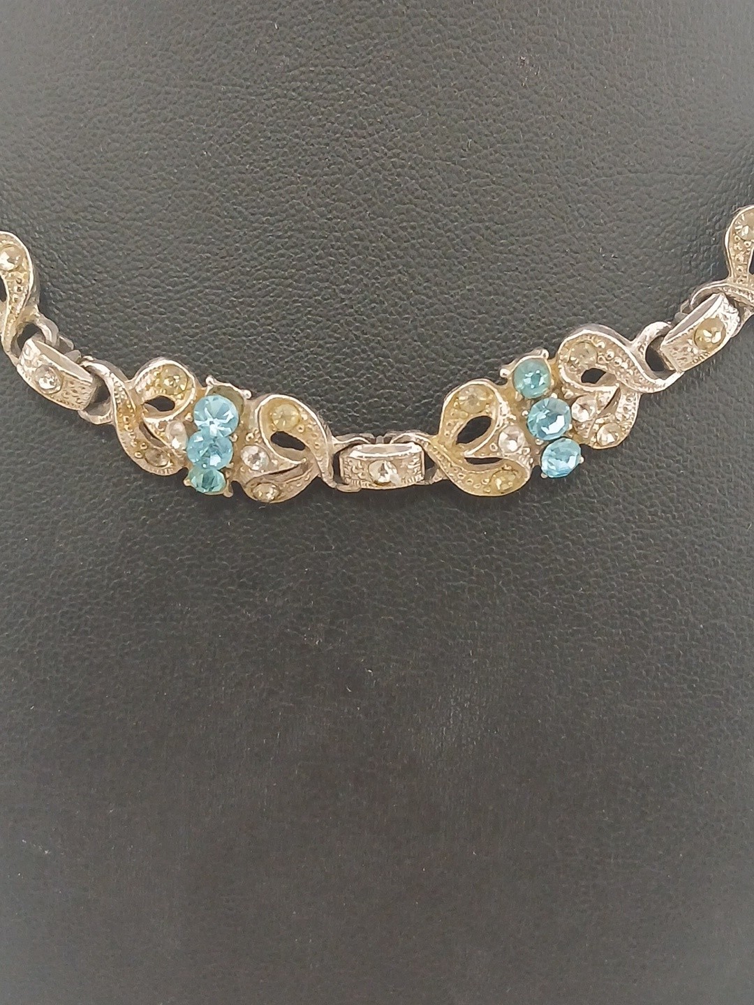 ART DECO REVIVAL Rhodium Plated Panels Clear & Aqua Blue Stones Choker Necklace