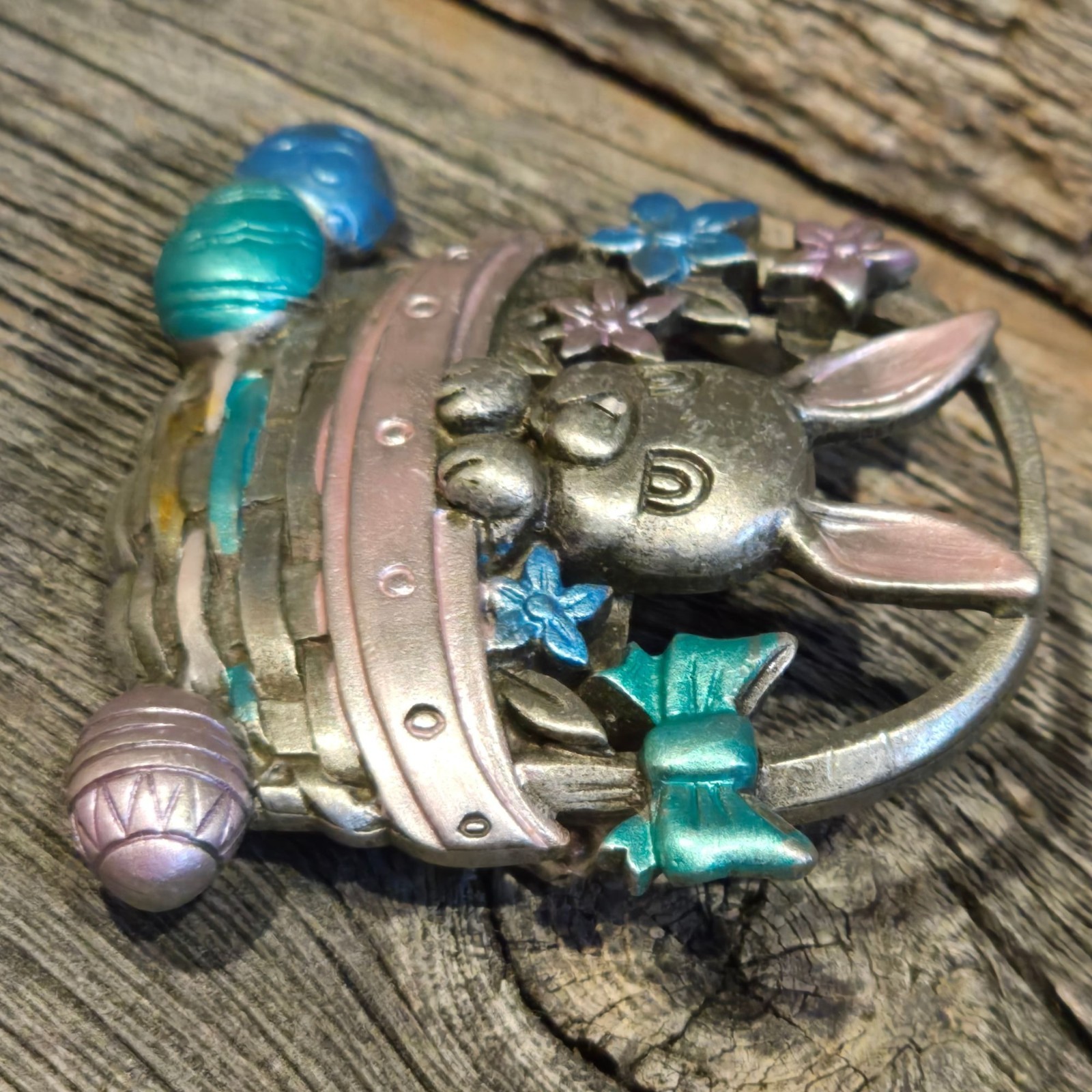 Vintage JJ Bunny Easter Basket Brooch Jonette Jewelry Rabbit Spring Holiday Eggs