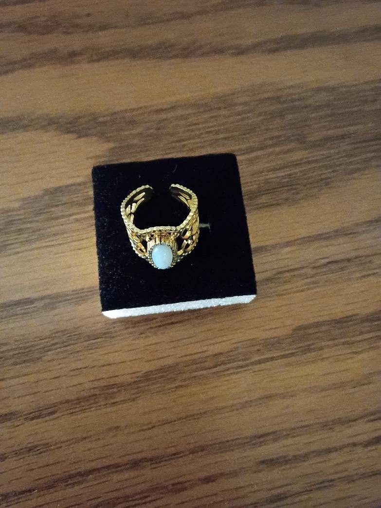 Vintage 1976 Sarah Coventry Ring, Lovely Lady, Gold Tone Filigree, Faux Opal