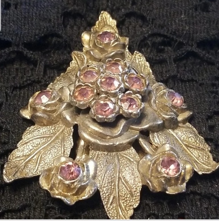 Little Nemo Antique Dress Clip, 3 Inch Signed, LN/25, Pink Rhinestones & Silver