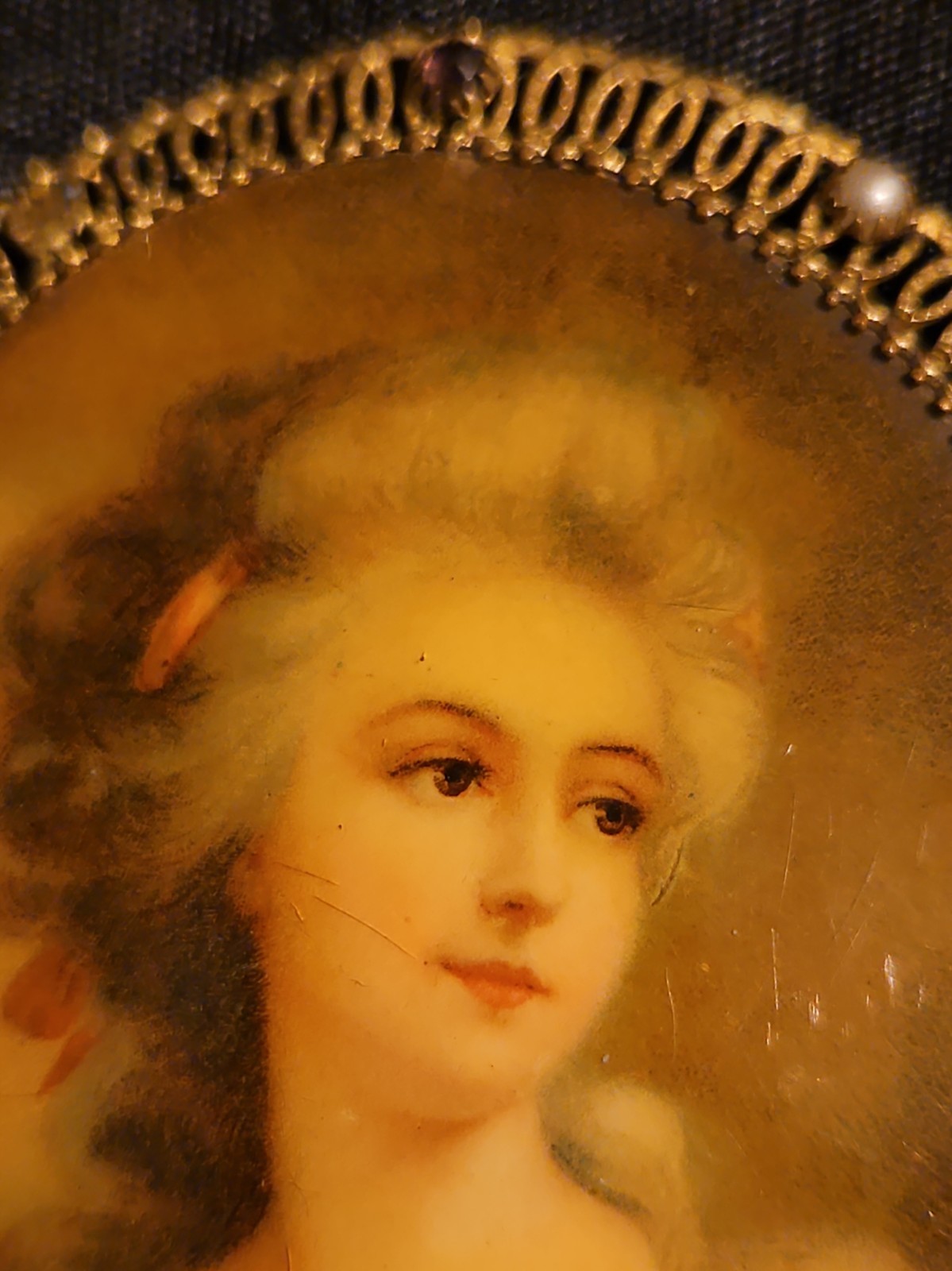 Vintage Portrait Brooch Pin Gold Tone Metal 3″ With Stones