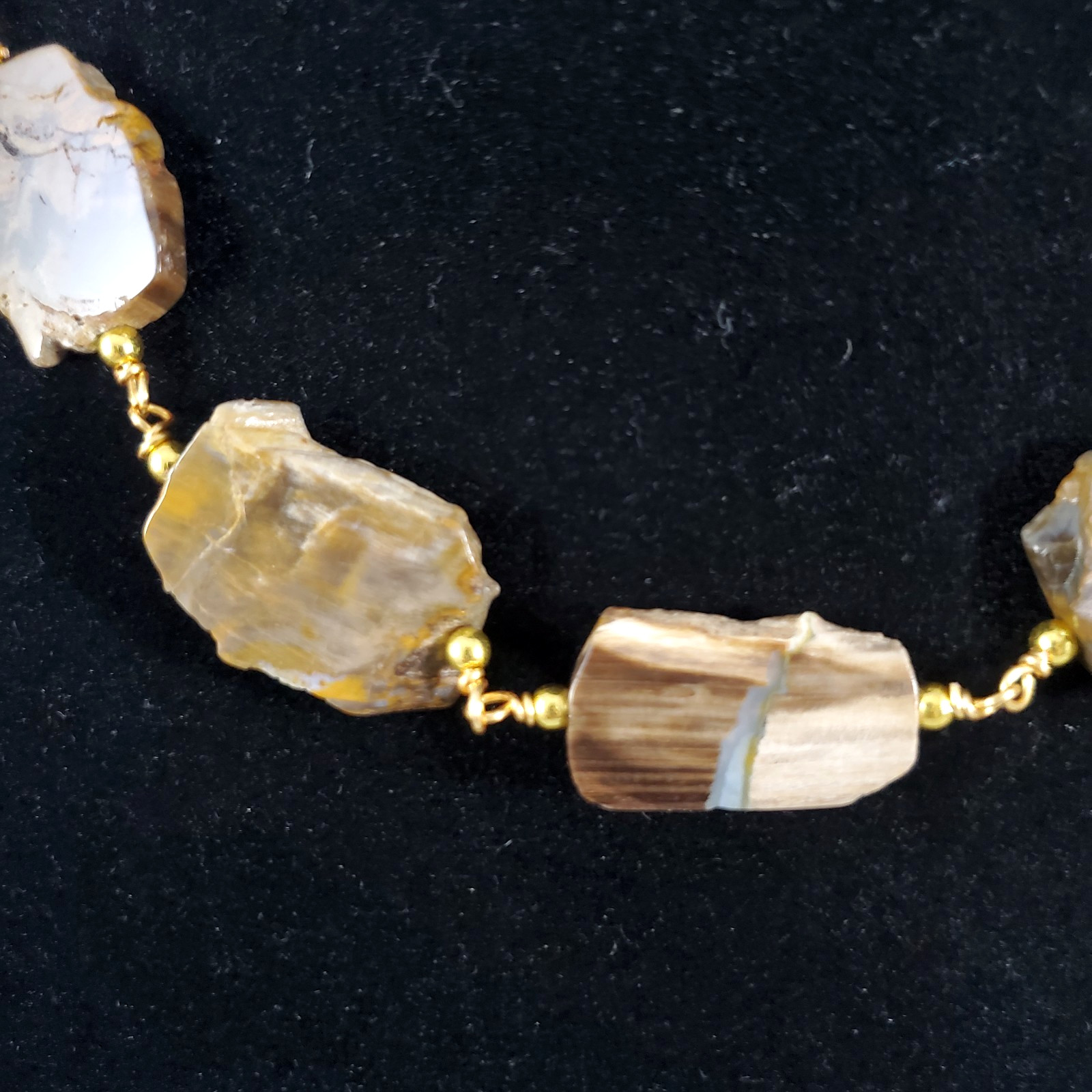 Polished Petrified Wood 7 Slices Gemstone Gold Tone Collar Necklace Vintage