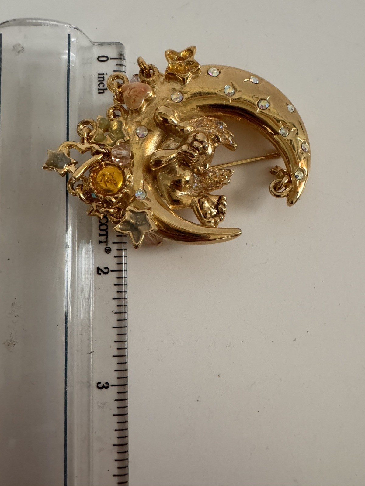 Vintage Kirks Folly Angel Cherub Moon & Stars Crystal Gold Tone Brooch Pin 2.5″