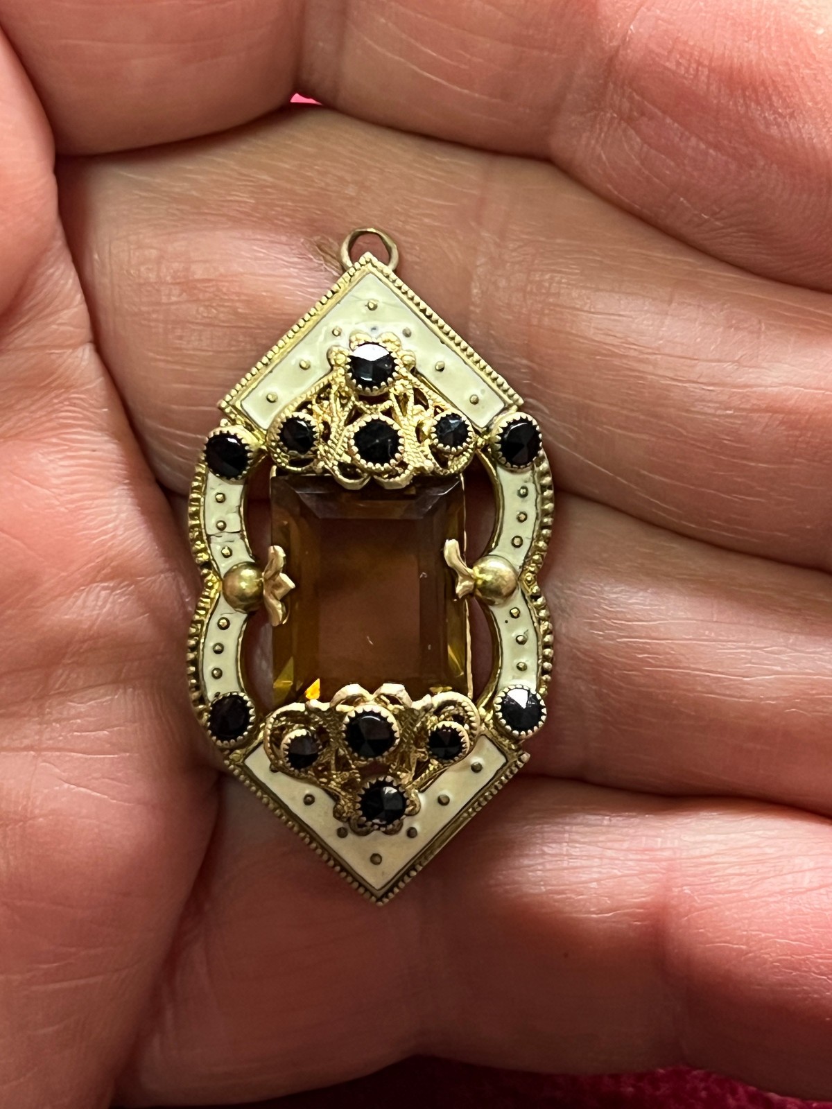 Antique Victorian Pendant Gold Plated Filigree Enamel with Citrine Stone