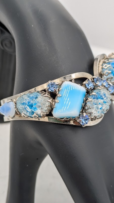 Vintage Rhinestone Clamper Bracelet Crackle Cabochon Blue Glass