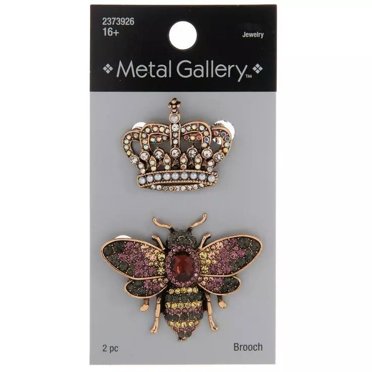 Metal Gallery Bee & Crown Rhinestone Brooches